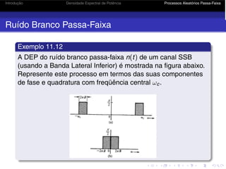 Introdução Densidade Espectral de Potência Processos Aleatórios Passa-Faixa
Ruído Branco Passa-Faixa
Exemplo 11.12
A DEP do ruído branco passa-faixa n(t) de um canal SSB
(usando a Banda Lateral Inferior) é mostrada na figura abaixo.
Represente este processo em termos das suas componentes
de fase e quadratura com freqüência central ωc.
 