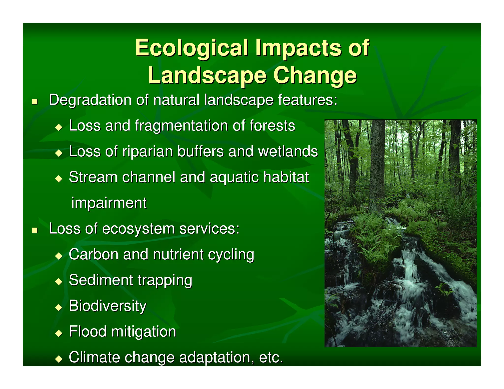 Ecological Impacts of
             Landscape Change
Degradation of natural landscape features:
  Loss and fragmentation of forests
  Loss of riparian buffers and wetlands
  Stream channel and aquatic habitat
   impairment
Loss of ecosystem services:
  Carbon and nutrient cycling
  Sediment trapping
  Biodiversity
  Flood mitigation
  Climate change adaptation, etc.
 