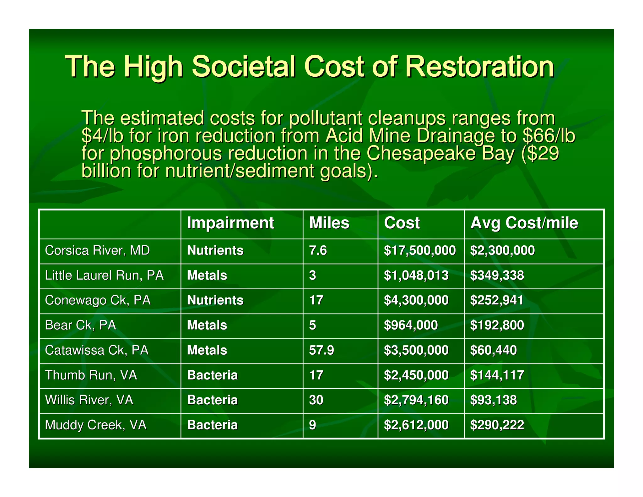 The High Societal Cost of Restoration
      The estimated costs for pollutant cleanups ranges from
      $4/lb for iron reduction from Acid Mine Drainage to $66/lb
      for phosphorous reduction in the Chesapeake Bay ($29
      billion for nutrient/sediment goals).

                        Impairment   Miles   Cost          Avg Cost/mile
Corsica River, MD       Nutrients    7.6     $17,500,000   $2,300,000
Little Laurel Run, PA   Metals       3       $1,048,013    $349,338
Conewago Ck, PA         Nutrients    17      $4,300,000    $252,941
Bear Ck, PA             Metals       5       $964,000      $192,800
Catawissa Ck, PA        Metals       57.9    $3,500,000    $60,440
Thumb Run, VA           Bacteria     17      $2,450,000    $144,117
Willis River, VA        Bacteria     30      $2,794,160    $93,138
Muddy Creek, VA         Bacteria     9       $2,612,000    $290,222
 