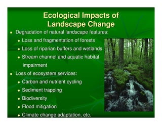 Ecological Impacts of
             Landscape Change
Degradation of natural landscape features:
  Loss and fragmentation of forests
  Loss of riparian buffers and wetlands
  Stream channel and aquatic habitat
   impairment
Loss of ecosystem services:
  Carbon and nutrient cycling
  Sediment trapping
  Biodiversity
  Flood mitigation
  Climate change adaptation, etc.
 