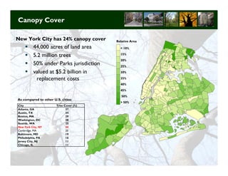 Canopy Cover

New York City has 24% canopy cover       Relative Area
          44,000 acres of land area        < 10%

          5.2 million trees                15%
                                           20%
          50% under Parks jurisdiction     25%
          valued at $5.2 billion in        30%

           replacement costs               35%
                                           40%
                                           45%
                                            50%
As compared to other U.S. cities:
                                           > 50%
City                   Tree Cover (%)
Atlanta, GA                  37
Austin, TX                   34
Boston, MA                   29
Washington, DC               28
Seattle, WA                  25
New York City, NY            24
Cambridge, MA                20
Baltimore, MD                19
Philadelphia, PA             16
Jersey City, NJ              11
Chicago, IL                  11




                                                         Long Term Strategic Planning 14
 