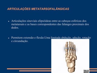ARTICULAÇÕES METATARSOFALÂNGICAS



   Articulações sinoviais elipsóideas entre as cabeças esféricas dos
    metatarsais e as bases correspondentes das falanges proximais dos
    dedos.


   Permitem extensão e flexão.Uma limitada abdução, adução, rotação
    e circundação.
 
