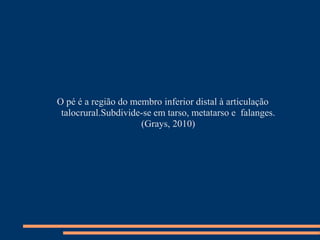 O pé é a região do membro inferior distal à articulação
 talocrural.Subdivide-se em tarso, metatarso e falanges.
                     (Grays, 2010)
 