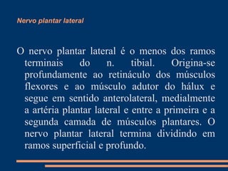 Nervo plantar lateral



O nervo plantar lateral é o menos dos ramos
 terminais     do     n.     tibial.   Origina-se
 profundamente ao retináculo dos músculos
 flexores e ao músculo adutor do hálux e
 segue em sentido anterolateral, medialmente
 a artéria plantar lateral e entre a primeira e a
 segunda camada de músculos plantares. O
 nervo plantar lateral termina dividindo em
 ramos superficial e profundo.
 