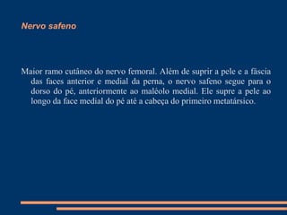 Nervo safeno




Maior ramo cutâneo do nervo femoral. Além de suprir a pele e a fáscia
  das faces anterior e medial da perna, o nervo safeno segue para o
  dorso do pé, anteriormente ao maléolo medial. Ele supre a pele ao
  longo da face medial do pé até a cabeça do primeiro metatársico.
 