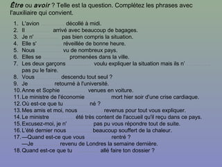 1. L'avion …………. décollé à midi.
2. Il …………. arrivé avec beaucoup de bagages.
3. Je n' …………. pas bien compris la situation.
4. Elle s' …………. réveillée de bonne heure.
5. Nous …………. vu de nombreux pays.
6. Elles se …………. promenées dans la ville.
7. Les deux garçons …………. voulu expliquer la situation mais ils n’ ………….
pas pu le faire.
8. Vous …………. descendu tout seul ?
9. Je …………. retourné à l'université.
10.Anne et Sophie …………. venues en voiture.
11.Le ministre de l'économie …………. mort hier soir d'une crise cardiaque.
12.Où est-ce que tu …………. né ?
13.Mes amis et moi, nous …………. revenus pour tout vous expliquer.
14.Le ministre …………. été très content de l'accueil qu'il reçu dans ce pays.
15.Excusez-moi, je n' …………. pas pu vous répondre tout de suite.
16.L'été dernier nous …………. beaucoup souffert de la chaleur.
17.—Quand est-ce que vous …………. rentré ?
—Je …………. revenu de Londres la semaine dernière.
18.Quand est-ce que tu …………. allé faire ton dossier ?
Être ou avoir ? Telle est la question. Complétez les phrases avec
l'auxiliaire qui convient.
 