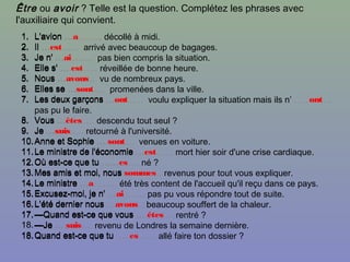 1. L'avion …………. décollé à midi.
2. Il …………. arrivé avec beaucoup de bagages.
3. Je n' …………. pas bien compris la situation.
4. Elle s' …………. réveillée de bonne heure.
5. Nous …………. vu de nombreux pays.
6. Elles se …………. promenées dans la ville.
7. Les deux garçons …………. voulu expliquer la situation mais ils n’ ………….
pas pu le faire.
8. Vous …………. descendu tout seul ?
9. Je …………. retourné à l'université.
10.Anne et Sophie …………. venues en voiture.
11.Le ministre de l'économie …………. mort hier soir d'une crise cardiaque.
12.Où est-ce que tu …………. né ?
13.Mes amis et moi, nous …………. revenus pour tout vous expliquer.
14.Le ministre …………. été très content de l'accueil qu'il reçu dans ce pays.
15.Excusez-moi, je n' …………. pas pu vous répondre tout de suite.
16.L'été dernier nous …………. beaucoup souffert de la chaleur.
17.—Quand est-ce que vous …………. rentré ?
—Je …………. revenu de Londres la semaine dernière.
18.Quand est-ce que tu …………. allé faire ton dossier ?
Être ou avoir ? Telle est la question. Complétez les phrases avec
l'auxiliaire qui convient.
1. L'avion …a
2. Il …est
3. Je n' …ai
4. Elle s' … est
5. Nous …avons
6. Elles se …sont
7. Les deux garçons …ont ont
8. Vous …êtes
9. Je …suis
10.Anne et Sophie … sont
11.Le ministre de l'économie …est
12.Où est-ce que tu ……es
13.Mes amis et moi, nous sommes
14.Le ministre …a
15.Excusez-moi, je n' …ai
16.L'été dernier nous …avons
17.—Quand est-ce que vous … êtes
18.—Je … suis
18.Quand est-ce que tu … es
 