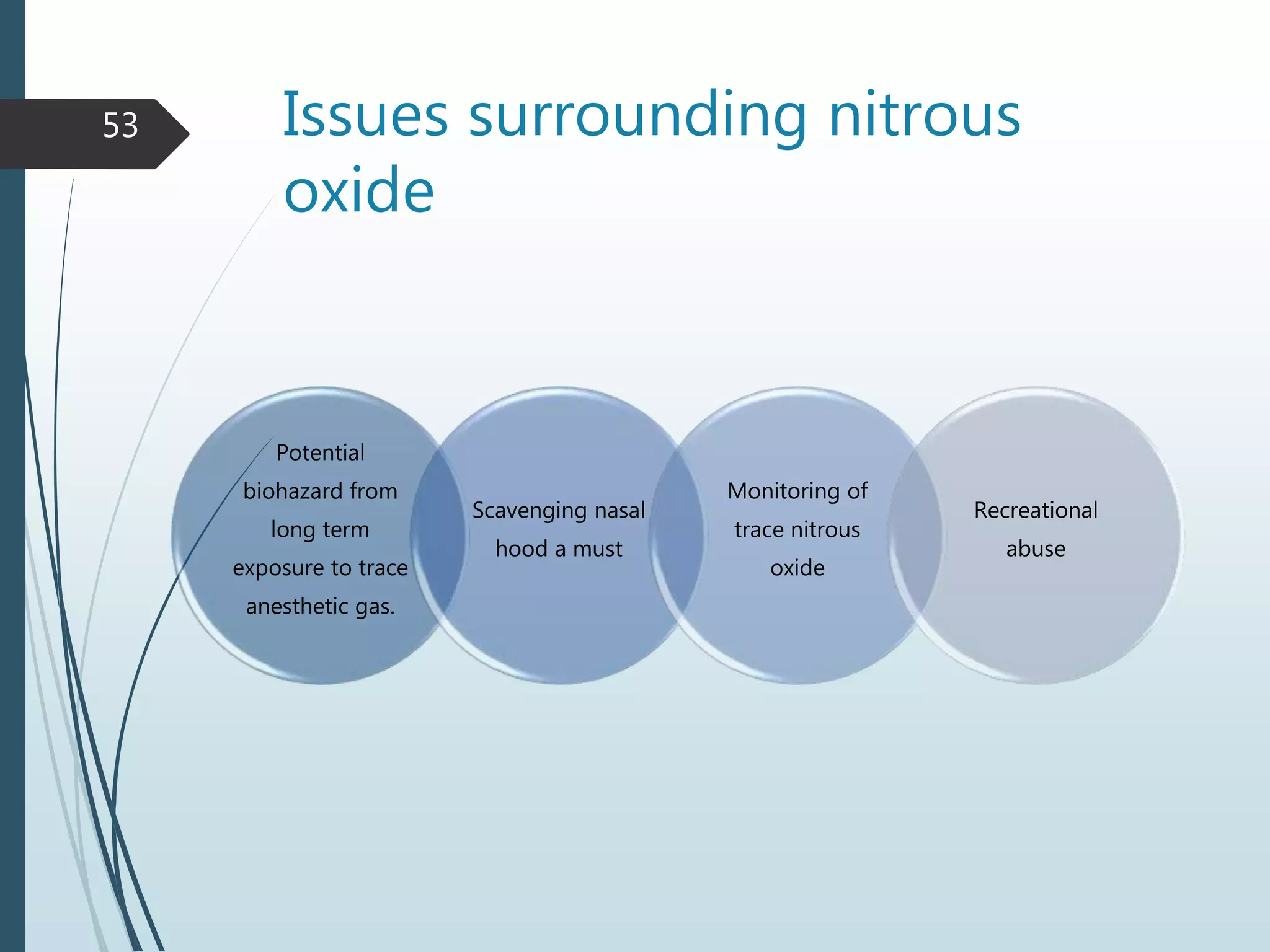 Issues surrounding nitrous
oxide
Potential
biohazard from
long term
exposure to trace
anesthetic gas.
Scavenging nasal
hood a must
Monitoring of
trace nitrous
oxide
Recreational
abuse
53
 