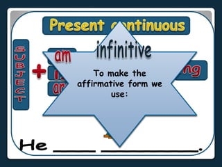 Presentcontinuous We use thePresentContinuous to talkaboutanactionthat ishappening atthemomentofspeaking. To maketheaffirmativeformwe use: infinitive S U B J E C T am cook ing + + + is are He___ _______. 