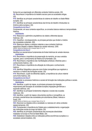 formas de sua organização em diferentes contextos histórico-sociais. (GI)
H9. Reconhecer a importância do trabalho escravo para as sociedades antigas.
(GI)
H10. Identificar as principais características do sistema de trabalho na Idade Média
européia. (GI)
H11. Identificar as principais características das formas de trabalho introduzidas na
América pelos europeus. (GI)
Competência de Área 3
Compreender, em seus contextos específicos, os conceitos básicos relativos à temporalidade
histórica.
 Habilidades
H12. Relacionar o patrimônio arquitetônico da cidade a diferentes épocas
históricas. (GI)
H13. Classificar, cronologicamente, os principais períodos que dividem a história
das sociedades ocidentais. (GII)
H14. Relacionar objetos e vestígios materiais a seus contextos históricos
específicos (fósseis e objetos materiais de variada natureza). (GIII)
SARESP: Matrizes de Referência para a Avaliação Página 121 de 133
Competência de Área 4
Identificar as características fundamentais de fontes históricas de variada natureza.
 Habilidades
H15. Reconhecer a importância da preservação da memória, em seus variados
suportes, para o conhecimento da História da humanidade. (GI)
H16. Reconhecer a importância das manifestações artísticas e literárias para o
conhecimento histórico. (GI)
H17. Reconhecer a importância da utilização da mídia para o conhecimento
histórico.
H18. Identificar fotografias e gravuras como fontes iconográficas que registram a
memória e a história das formações sociais. (GI)
H19. Reconhecer, a partir de diferentes objetos, a importância da cultura material
como fonte histórica. (GI)
Competência de Área 5
Compreender os processos históricos e sociais de formação das instituições políticas e sociais.
 Habilidades
H20. Identificar, a partir de mapas, os principais processos de migração
responsáveis pela formação da sociedade européia (migrações germânicas e
expansão islâmica). (GI)
H21. Identificar os principais fundamentos religiosos e sociais das cruzadas
medievais. (GI)
H22. Identificar, a partir de mapas e documentos escritos e iconográficos, as
principais características das sociedades pré-colombianas (Maias, Astecas e
Incas). (GI)
SARESP: Matrizes de Referência para a Avaliação Página 122 de 133
H23. Descrever as relações entre a sociedade e a natureza em vários contextos
espaço-temporais. (GI)
H24. Compreender a importância da Cidade para o estabelecimento e organização
das instituições sociais ao longo da história. (GI)
H25. Identificar as principais características das monarquias absolutistas
instaladas na Europa no final da Idade Média. (GI)
H26. Estabelecer relações entre as instituições político-econômicas européias e a
sociedade colonial brasileira. (GI)
 