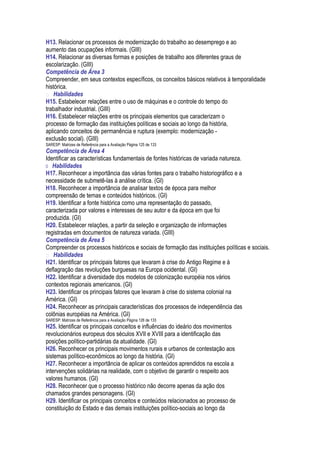 H13. Relacionar os processos de modernização do trabalho ao desemprego e ao
aumento das ocupações informais. (GIII)
H14. Relacionar as diversas formas e posições de trabalho aos diferentes graus de
escolarização. (GIII)
Competência de Área 3
Compreender, em seus contextos específicos, os conceitos básicos relativos à temporalidade
histórica.
 Habilidades
H15. Estabelecer relações entre o uso de máquinas e o controle do tempo do
trabalhador industrial. (GIII)
H16. Estabelecer relações entre os principais elementos que caracterizam o
processo de formação das instituições políticas e sociais ao longo da história,
aplicando conceitos de permanência e ruptura (exemplo: modernização -
exclusão social). (GIII)
SARESP: Matrizes de Referência para a Avaliação Página 125 de 133
Competência de Área 4
Identificar as características fundamentais de fontes históricas de variada natureza.
 Habilidades
H17. Reconhecer a importância das várias fontes para o trabalho historiográfico e a
necessidade de submetê-las à análise crítica. (GI)
H18. Reconhecer a importância de analisar textos de época para melhor
compreensão de temas e conteúdos históricos. (GI)
H19. Identificar a fonte histórica como uma representação do passado,
caracterizada por valores e interesses de seu autor e da época em que foi
produzida. (GI)
H20. Estabelecer relações, a partir da seleção e organização de informações
registradas em documentos de natureza variada. (GIII)
Competência de Área 5
Compreender os processos históricos e sociais de formação das instituições políticas e sociais.
 Habilidades
H21. Identificar os principais fatores que levaram à crise do Antigo Regime e à
deflagração das revoluções burguesas na Europa ocidental. (GI)
H22. Identificar a diversidade dos modelos de colonização européia nos vários
contextos regionais americanos. (GI)
H23. Identificar os principais fatores que levaram à crise do sistema colonial na
América. (GI)
H24. Reconhecer as principais características dos processos de independência das
colônias européias na América. (GI)
SARESP: Matrizes de Referência para a Avaliação Página 126 de 133
H25. Identificar os principais conceitos e influências do ideário dos movimentos
revolucionários europeus dos séculos XVII e XVIII para a identificação das
posições político-partidárias da atualidade. (GI)
H26. Reconhecer os principais movimentos rurais e urbanos de contestação aos
sistemas político-econômicos ao longo da história. (GI)
H27. Reconhecer a importância de aplicar os conteúdos aprendidos na escola a
intervenções solidárias na realidade, com o objetivo de garantir o respeito aos
valores humanos. (GI)
H28. Reconhecer que o processo histórico não decorre apenas da ação dos
chamados grandes personagens. (GI)
H29. Identificar os principais conceitos e conteúdos relacionados ao processo de
constituição do Estado e das demais instituições político-sociais ao longo da
 