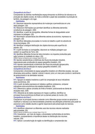 Competência de Área 1
Compreender as distintas manifestações espaço-temporais na dinâmica da natureza e na
produção dos objetos sociais, de modo a entender o papel das sociedades na produção do
território, da paisagem e do lugar.
 Habilidades
H1. Descrever elementos representativos de mudanças e permanências em uma
dada paisagem. (GI)
H2. Relacionar informações que permitam identificar os diferentes elementos
constitutivos da paisagem. (GIII)
H3. Identificar, a partir de iconografias, diferentes formas de desigualdade social
impressas na paisagem. (GI)
H4. Reconhecer características dos diferentes setores da economia, impressos na
paisagem. (GI)
H5. Identificar alterações provocadas no mundo do trabalho a partir do advento de
novas tecnologias. (GI)
H6. Identificar a desigual distribuição dos objetos técnicos pela superfície do
planeta. (GI)
H7. A partir de textos ou iconografias, descrever as múltiplas paisagens que
existem na superfície da Terra. (GI)
H8. Identificar diferentes formas de relevo terrestre e os impactos produzidos pela
ação humana no modelado do relevo. (GI)
SARESP: Matrizes de Referência para a Avaliação Página 102 de 133
H9. Apontar características e dinâmicas dos fluxos de produção industrial,
responsáveis pela constituição do espaço geográfico brasileiro. (GI)
H10. Apontar características e dinâmicas dos fluxos de produção agropecuária,
responsáveis pela constituição do espaço geográfico brasileiro. (GI)
Competência de Área 2
Compreender a diversidade do espaço geográfico brasileiro em diferentes escalas, nas suas
dimensões sócio-política, material, cultural e natural, como um meio para construir o sentimento
de pertencimento e de identidade nacional.
 Habilidades
H11. Agrupar os estados brasileiros a partir da comparação de seus indicadores
sócio-econômicos. (GI)
H12. A partir de dados expressos em tabelas e gráficos cartesianos, comparar
indicadores sócio-econômicos dos estados brasileiros. (GII)
H13. Diferenciar e aplicar conceitos de limite e fronteira, posicionando-se diante de
situações reais. (GIII)
H14. Utilizando-se de dados expressos em mapas e gráficos, identificar os
principais fluxos econômicos do Brasil com os demais países do mundo. (GI)
Competência de Área 3
Caracterizar os principais biomas e entender como diferentes grupos sociais se apropriam e
modificam a natureza e as intencionalidades presentes nas alterações ambientais para poder se
posicionar como cidadão atuante e agente responsável pela preservação da natureza.
 Habilidades
H15. Identificar e descrever os diferentes usos dos recursos naturais realizados
pela sociedade. (GI)
SARESP: Matrizes de Referência para a Avaliação Página 103 de 133
H16. Caracterizar , por meio de mapas, a diversidade morfoclimática do território
brasileiro, compreendendo a importância destas na distribuição dos recursos
naturais. (GII)
H17. Aplicar o conceito/noção de região na identificação e compreensão dos
 