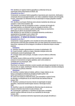 H34. Identificar em registros histórico-geográficos as diferentes formas de
organização político-administrativa do Brasil. (GI)
Competência de Área 7
Compreender os processos histórico-geográficos responsáveis pelo crescimento, distribuição e
composição étnica da população brasileira, com vistas a estabelecer relações entre demografia
humana, urbanização e as diferentes formas de apropriação do espaço geográfico brasileiro.
 Habilidades
H35. Identificar as principais influências sócio-culturais resultantes das etnias que
compõem a matriz étnica brasileira. (GI)
H36. Interpretar por meio de iconografias ou textos, o processo de formação da
sociedade brasileira e as diferentes formas de ocupação do território. (GII)
H37. A partir da leitura de tabelas e gráficos identificar faixas de crescimento e
distribuição por gênero da população brasileira. (GI)
H38. Identificar por meio de textos ou iconografias elementos constituintes e
representativos da paisagem rural e urbana. (GI)
SARESP: Matrizes de Referência para a Avaliação Página 106 de 133
GEOGRAFIA - 8ª SÉRIE DO ENSINO FUNDAMENTAL
Competência de Área 1
Compreender o espaço geográfico como resultado da trama entre objetos técnicos e
informacionais construídos pela sociedade sobre uma base dinâmica de processos físicos e
bioquímicos, expressos de forma desigual e simultânea em diferentes tempos e escalas
espaciais.
 Habilidades
H1. Identificar situações representativas do processo de globalização. (GI)
H2. A partir de textos , gráficos ou mapas, interpretar situações acerca das
manifestações sociais da globalização. (GII)
H3. Comparar dados sobre produção, circulação e consumo relativos a diferentes
lugares. (GII)
H4. Explicar causas e efeitos que permitam reconhecer a globalização como
produto do funcionamento do regime capitalista, assim como analisar as
condições para sua reprodução. (GIII)
Competência de Área 2
Reconhecer os impactos ambientais e sociais causados pela desigual apropriação dos recursos
naturais entre as nações, identificando diferentes interesses energéticos e decisões estratégicas
que permeiam as políticas ambientais.
 Habilidades
H5. Identificar e analisar dados em tabelas, gráficos e mapas relativos ao uso,
forma e conseqüência ambiental da atividade energética global. (GI)
SARESP: Matrizes de Referência para a Avaliação Página 107 de 133
H6. Extrair informações em diferentes fontes, para exemplificar e explicar formas
de utilização e conseqüências do uso indiscriminado das distintas fontes de
energia. (GII)
H7. Identificar a presença de recursos naturais na organização do espaço
geográfico, relacionando transformações naturais e intervenção humana.
(GIII)
H8. Identificar o grau de vulnerabilidade de diferentes áreas do planeta aos
impactos ambientais decorrentes da ação antrópica. (GI)
H9. Compreender o significado e a importância da água para a sociedade,
sabendo qualificar diferentes formas de uso resultantes da intervenção
humana. (GII)
H10. Identificar e caracterizar elementos responsáveis pela poluição atmosférica e
 