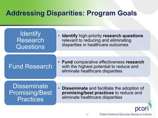 • Identify high-priority research questions
relevant to reducing and eliminating
disparities in healthcare outcomes
Identify
Research
Questions
• Fund comparative effectiveness research
with the highest potential to reduce and
eliminate healthcare disparities
Fund Research
• Disseminate and facilitate the adoption of
promising/best practices to reduce and
eliminate healthcare disparities
Disseminate
Promising/Best
Practices
Addressing Disparities: Program Goals
47
 