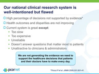 Our national clinical research system is
well-intentioned but flawed
High percentage of decisions not supported by evidence*
Health outcomes and disparities are not improving
Current system is great except:
 Too slow
 Too expensive
 Unreliable
 Doesn’t answer questions that matter most to patients
 Unattractive to clinicians & administrators
We are not generating the evidence we need to
support the healthcare decisions that patients
and their doctors have to make every day.
*Tricoci P et al. JAMA 2009;301:831-41.
 