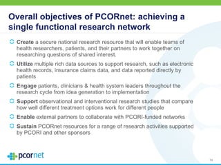 Overall objectives of PCORnet: achieving a
single functional research network
Create a secure national research resource that will enable teams of
health researchers, patients, and their partners to work together on
researching questions of shared interest.
Utilize multiple rich data sources to support research, such as electronic
health records, insurance claims data, and data reported directly by
patients
Engage patients, clinicians & health system leaders throughout the
research cycle from idea generation to implementation
Support observational and interventional research studies that compare
how well different treatment options work for different people
Enable external partners to collaborate with PCORI-funded networks
Sustain PCORnet resources for a range of research activities supported
by PCORI and other sponsors
74
 