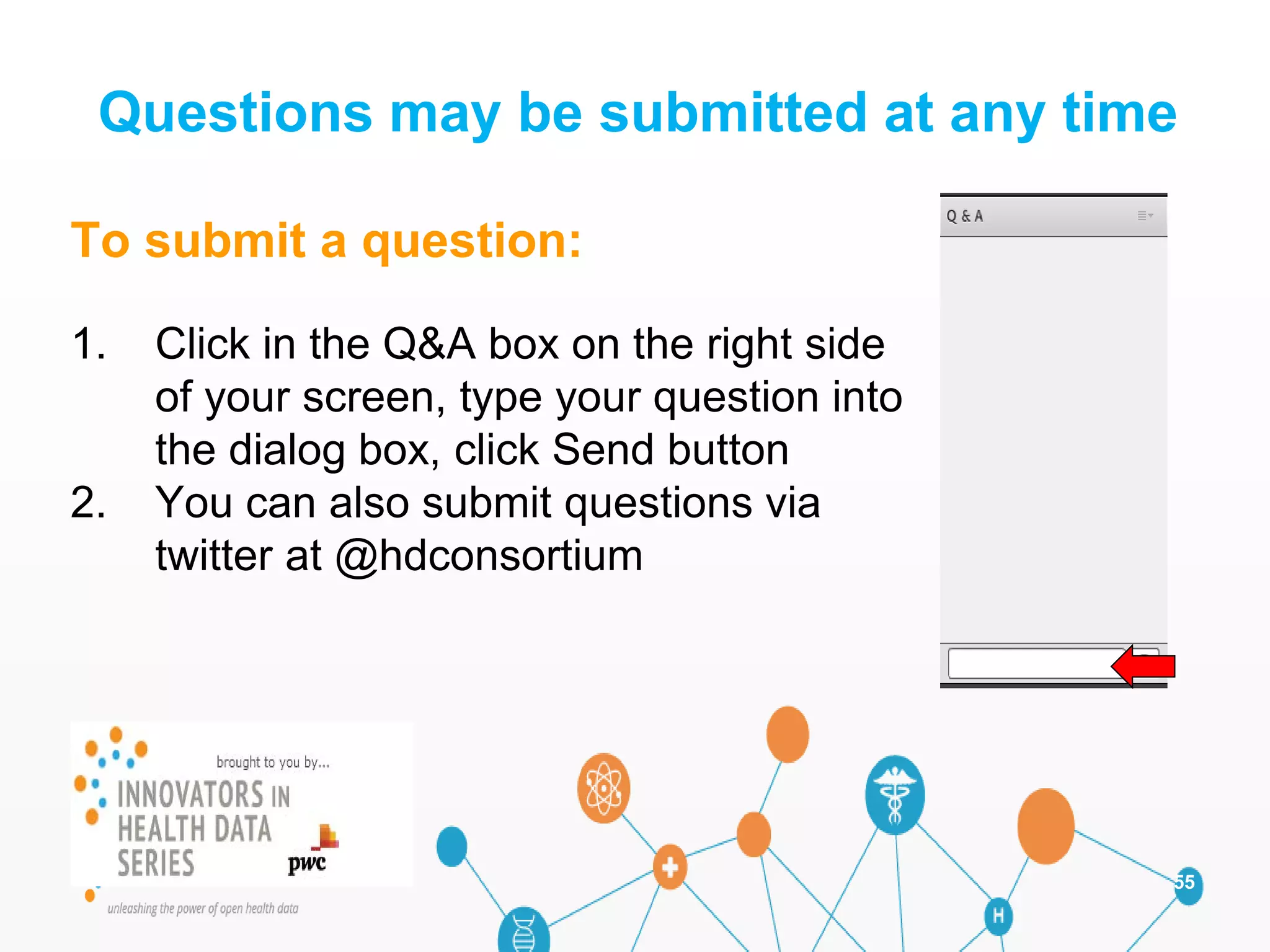 55
To submit a question:
1. Click in the Q&A box on the right side
of your screen, type your question into
the dialog box, click Send button
2. You can also submit questions via
twitter at @hdconsortium
Questions may be submitted at any time
 