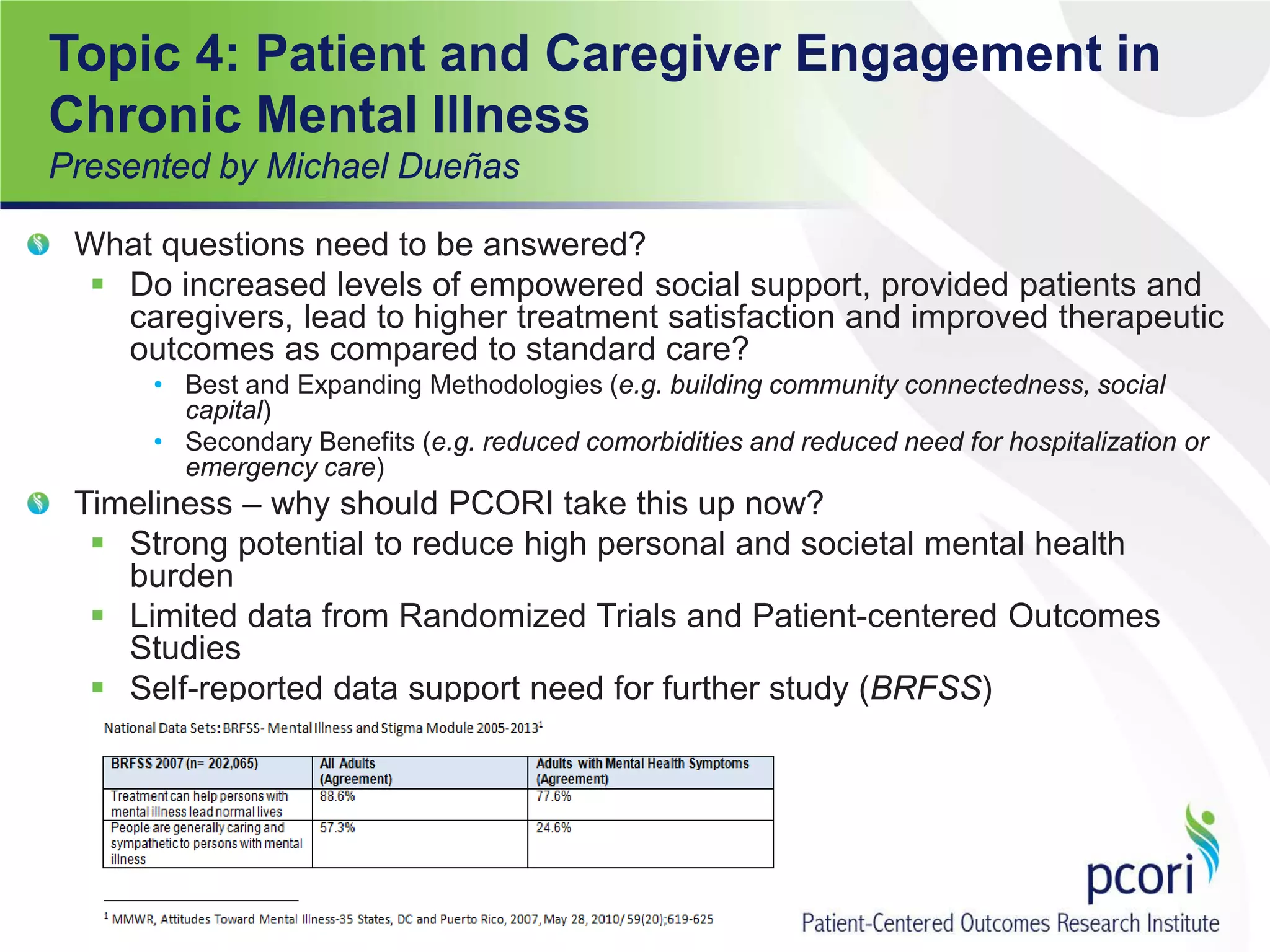 Topic 4: Patient and Caregiver Engagement in
Chronic Mental Illness
Presented by Michael Dueñas
What questions need to be answered?
 Do increased levels of empowered social support, provided patients and
caregivers, lead to higher treatment satisfaction and improved therapeutic
outcomes as compared to standard care?
• Best and Expanding Methodologies (e.g. building community connectedness, social
capital)
• Secondary Benefits (e.g. reduced comorbidities and reduced need for hospitalization or
emergency care)
Timeliness – why should PCORI take this up now?
 Strong potential to reduce high personal and societal mental health
burden
 Limited data from Randomized Trials and Patient-centered Outcomes
Studies
 Self-reported data support need for further study (BRFSS)
50
 