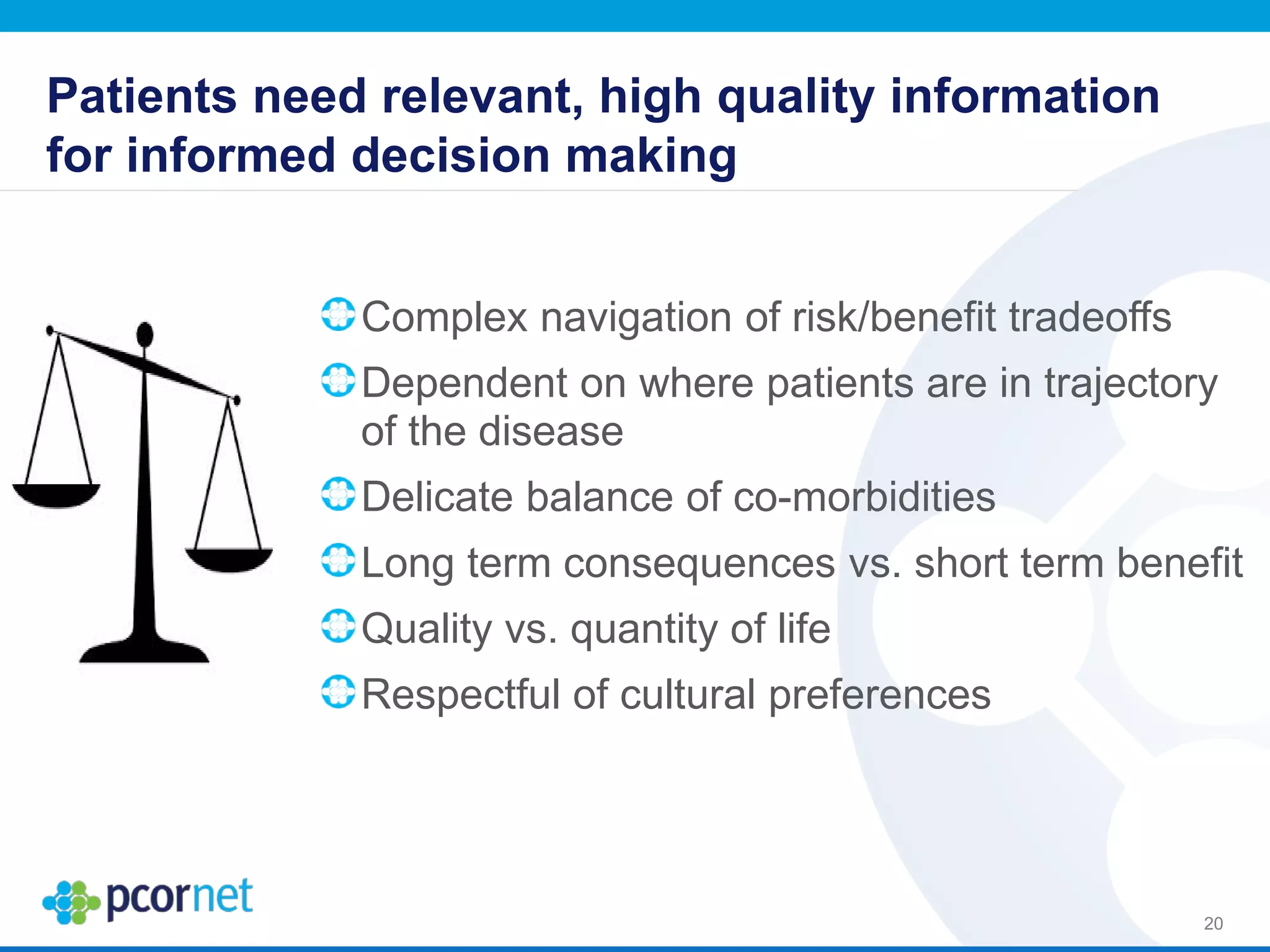 Patients need relevant, high quality information
for informed decision making
Complex navigation of risk/benefit tradeoffs
Dependent on where patients are in trajectory
of the disease
Delicate balance of co-morbidities
Long term consequences vs. short term benefit
Quality vs. quantity of life
Respectful of cultural preferences
20
 