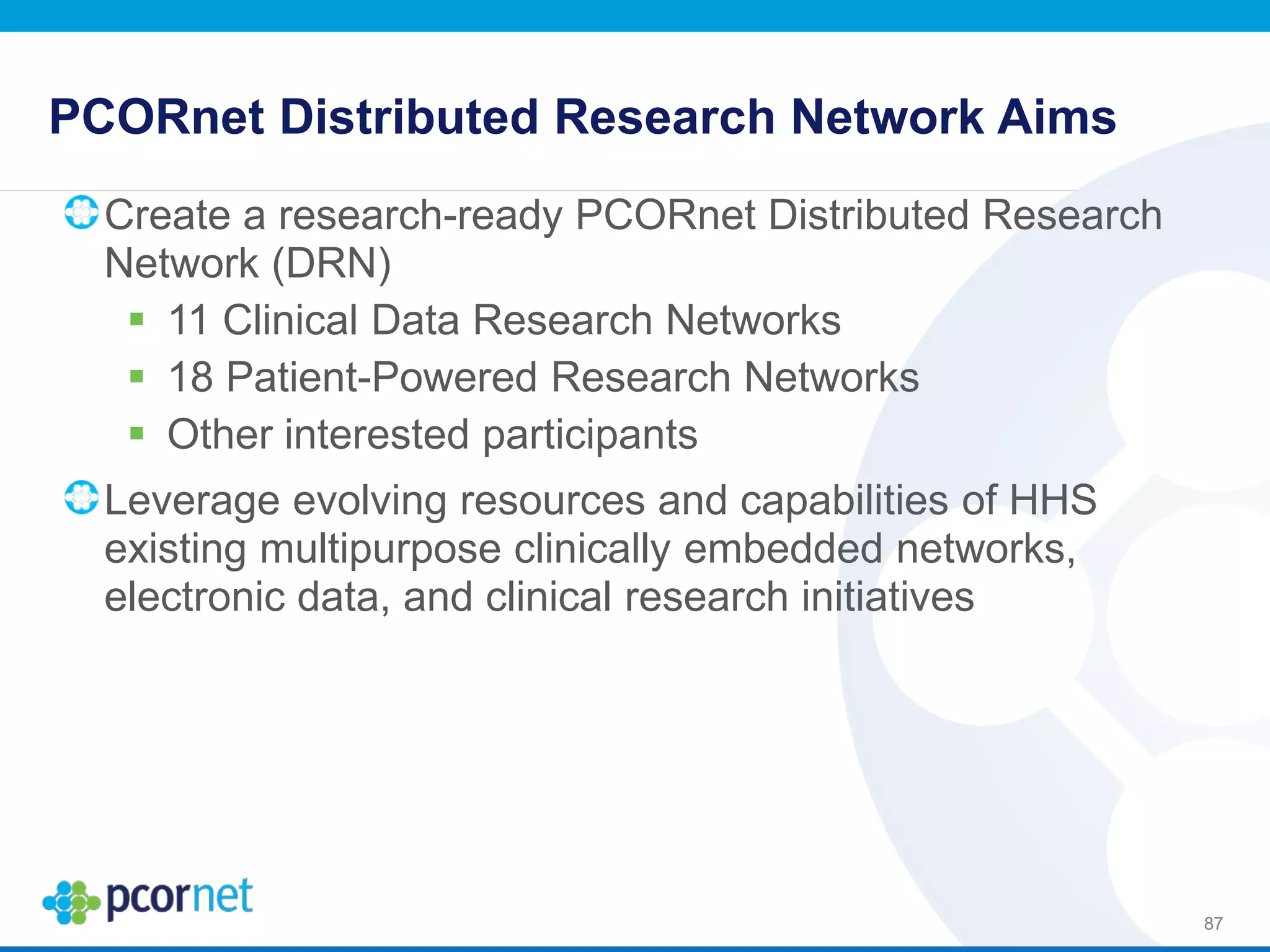 PCORnet Distributed Research Network Aims
Create a research-ready PCORnet Distributed Research
Network (DRN)
 11 Clinical Data Research Networks
 18 Patient-Powered Research Networks
 Other interested participants
Leverage evolving resources and capabilities of HHS
existing multipurpose clinically embedded networks,
electronic data, and clinical research initiatives
87
 