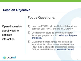 Session Objective
54
Focus Questions:
1) How can PCORI help facilitate collaborations
between your PPRN and the 11 CDRNs?
2) Collaboration could be driven by research
focus, geography, or both. What are the pros
and cons?
3) Given that the task forces will also act as
incubators for collaboration, what else can
PCORI do to stimulate partnerships across
CDRNs and PPRNs that would add value?
Open discussion
about ways to
optimize
interaction
 