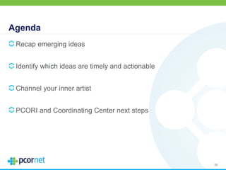 Agenda
Recap emerging ideas
Identify which ideas are timely and actionable
Channel your inner artist
PCORI and Coordinating Center next steps
58
 
