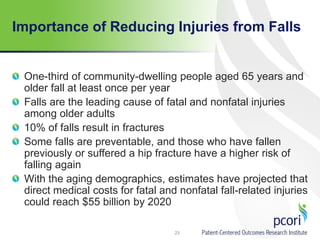 Importance of Reducing Injuries from Falls
One-third of community-dwelling people aged 65 years and
older fall at least once per year
Falls are the leading cause of fatal and nonfatal injuries
among older adults
10% of falls result in fractures
Some falls are preventable, and those who have fallen
previously or suffered a hip fracture have a higher risk of
falling again
With the aging demographics, estimates have projected that
direct medical costs for fatal and nonfatal fall-related injuries
could reach $55 billion by 2020
23
 