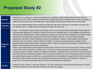 Proposed Study #2
67
Question
• Stepping On is a small-group workshop developed for non-Hispanic white population that has been shown to
reduce falls by 30%. Will a culturally and linguistically adapted Stepping On (called Pisando Fuerte) be feasible to
implement, have wide reach, and be effective in reducing falls among Hispanic elders at high risk for falls?
Population
• Community-dwelling Hispanic seniors age 65 and older with high risk for falls (two or more falls in the year prior,
one fall with injury, or no falls with gait and balance problems on screening).
Proposed
Study
• Phase 1: Working with content experts and Hispanic senior and community leader stakeholders, linguistically and
culturally adapt Stepping On to Pisando Fuerte and conduct two feasibility tests: (1) test feasibility and participant
adherence with differing levels of family engagement, holding one class with family engagement at Pisando Fuerte
sessions and one with family engagement via information sheets; outcomes—interview Hispanic leaders,
participants, and family members regarding barriers and facilitators to program implementation and participant
adherence to home activities; observe sessions for fidelity; (2) test lay promotor/promotora as leader versus
bilingual health professional as leader; outcomes include—fidelity to key elements and degree of advancement of
balance and strength exercises among participants.
• Phase 2: 300 older Hispanic seniors would be randomized to Pisando Fuerte versus social visits. Primary outcome
is falls. Falls would be tracked by monthly diary for 14 months (one year beyond end of workshop). Secondary
outcomes would be changes in balance and falls behavioral risk, measured at six months and one year beyond the
end of the workshop compared to baseline. Other outcomes of interest are: reach of the program (percent of male
and female Hispanic seniors at falls risk in an organization who are interested in taking Pisando Fuerte, attendance
at Pisando Fuerte sessions, barriers and facilitators of attendance, and barriers and facilitators to adoption of
program by community-based organizations and clinics serving Hispanic populations).
Timeline
• Total of five years. Phase 1 = one year; Phase 2 = two and a half years for recruitment and intervention; one year
for follow-up beyond the end of the last workshop; six months for analysis.
 
