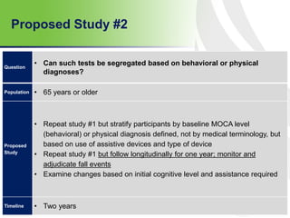 Proposed Study #2
81
Question
• Can such tests be segregated based on behavioral or physical
diagnoses?
Population • 65 years or older
Proposed
Study
• Repeat study #1 but stratify participants by baseline MOCA level
(behavioral) or physical diagnosis defined, not by medical terminology, but
based on use of assistive devices and type of device
• Repeat study #1 but follow longitudinally for one year; monitor and
adjudicate fall events
• Examine changes based on initial cognitive level and assistance required
Timeline • Two years
 