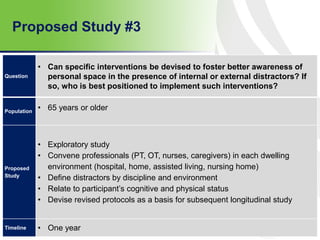Proposed Study #3
83
Question
• Can specific interventions be devised to foster better awareness of
personal space in the presence of internal or external distractors? If
so, who is best positioned to implement such interventions?
Population
• 65 years or older
Proposed
Study
• Exploratory study
• Convene professionals (PT, OT, nurses, caregivers) in each dwelling
environment (hospital, home, assisted living, nursing home)
• Define distractors by discipline and environment
• Relate to participant’s cognitive and physical status
• Devise revised protocols as a basis for subsequent longitudinal study
Timeline • One year
 