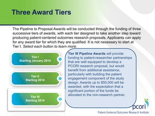 Three Award Tiers
The Pipeline to Proposal Awards will be conducted through the funding of three
successive tiers of awards, with each tier designed to take another step toward
producing patient-centered outcomes research proposals. Applicants can apply
for any award tier for which they are qualified. It is not necessary to start at
Tier I. Select each button to learn more.
Tier I
Starting January 2014

Tier II
Starting 2014

Tier III
Starting 2014

Tier III Pipeline Awards will provide
funding to patient-researcher partnerships
that are well equipped to develop a
PCORI research proposal, but would
benefit from additional assistance,
particularly with building the patient
engagement component of the study
design. Awards up to $50,000 will be
awarded, with the expectation that a
significant portion of the funds be
allocated to the non-research partner.

 