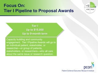 Focus On:
Tier I Pipeline to Proposal Awards

Tier I
Up to $15,000
Up to 9-month term
Capacity building and community
engagement. Tier I Pipeline Awards will go to
an individual patient, stakeholder, or
researcher—or group of patients,
stakeholders, or researchers—who all care
about the same issue or research question.

 