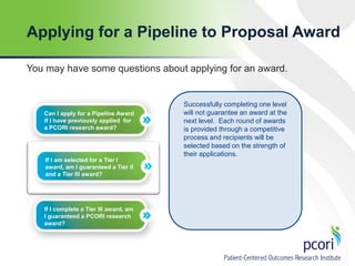 Applying for a Pipeline to Proposal Award
You may have some questions about applying for an award.

Can I apply for a Pipeline Award
if I have previously applied for
a PCORI research award?

If I am selected for a Tier I
award, am I guaranteed a Tier II
and a Tier III award?

If I complete a Tier III award, am
I guaranteed a PCORI research
award?

Successfully completing one level
will not guarantee an award at the
next level. Each round of awards
is provided through a competitive
process and recipients will be
selected based on the strength of
their applications.

 