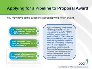 Applying for a Pipeline to Proposal Award
You may have some questions about applying for an award.

Can I apply for a Pipeline Award
if I have previously applied for
a PCORI research award?

If I am selected for a Tier I
award, am I guaranteed a Tier II
and a Tier III award?

If I complete a Tier III award, am
I guaranteed a PCORI research
award?

If you successfully complete the
Tier III requirements, you are
encouraged to apply for PCORI
and other patient-centered
research funding. The program is
designed to help you put together
a very strong research proposal.
However, successfully completing
a Tier III award does not
guarantee a research award.
Each round of awards is provided
through a competitive process
and recipients will be selected
based on the strength of their
applications.

 