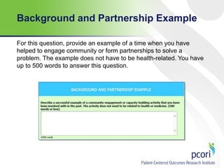 Background and Partnership Example
For this question, provide an example of a time when you have
helped to engage community or form partnerships to solve a
problem. The example does not have to be health-related. You have
up to 500 words to answer this question.

 