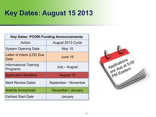 Key Dates: August 15 2013
Key Dates: PCORI Funding Announcements
Action August 2013 Cycle
System Opening Date May 15
Letter of Intent (LOI) Due
Date
June 15
Informational Training
Programs
July – August
Application Deadline August 15
Merit Review Dates September - November
Awards Announced December / January
Earliest Start Date January
25
 