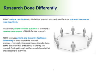 Research Done Differently
PCORI’s unique contribution to this field of research is its dedicated focus on outcomes that matter
most to patients.
Inclusion of patient-centered outcomes is therefore a
necessary component of PCORI-funded research.
PCORI involves patients and the entire healthcare
community in every step of the research
process — from selecting research questions to study,
to the actual conduct of research, to sharing the
research findings through platforms and channels that
are accessible to everyone.
6
 