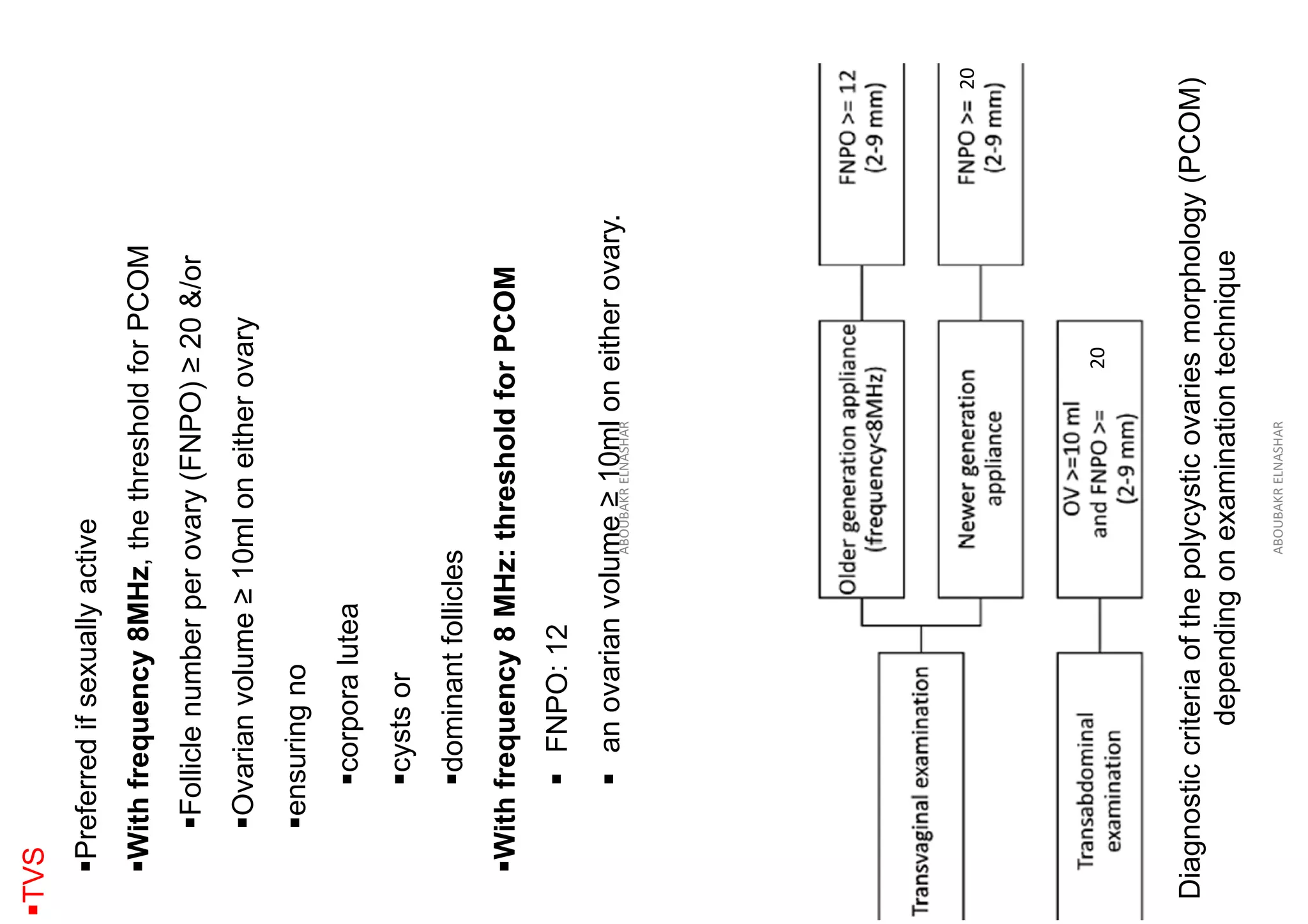 ▪TVS
▪Preferred
if
sexually
active
▪With
frequency
8MHz,
the
threshold
for
PCOM
▪Follicle
number
per
ovary
(FNPO)
≥
20
&/or
▪Ovarian
volume
≥
10ml
on
either
ovary
▪ensuring
no
▪corpora
lutea
▪cysts
or
▪dominant
follicles
▪With
frequency
8
MHz:
threshold
for
PCOM
▪
FNPO:
12
▪
an
ovarian
volume
≥
10ml
on
either
ovary.
ABOUBAKR
ELNASHAR
Diagnostic
criteria
of
the
polycystic
ovaries
morphology
(PCOM)
depending
on
examination
technique
0
20
20
ABOUBAKR
ELNASHAR
 