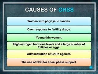 CAUSES OF OHSS
         Women with polycystic ovaries.

         Over response to fertility drugs.

               Young thin women.

High estrogen hormone levels and a large number of
                 follicles or eggs.

         Administration of GnRh agonist.

     The use of hCG for luteal phase support.
 