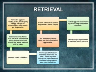 RETRIEVAL
     When the eggs are
“ready”, that is, the majority                                    Mature eggs will be collected
                                  that we ask the male partner
     of eggs are ripe for                                         by ultrasound guided needle
                                   to produce a semen sample
 harvesting but they are not                                               aspiration.
      yet truly mature.




  Retrieval is done after at
least 3 mature follicles of 18      It is at this time, shortly
                                                                   This technique is performed
  mm or more to produce a         rafter the conclusion of the
                                                                  in the office with IV sedation.
mature egg, a final injection              egg retrieval,
       must be taken.



                                   minor surgical-Follicles are
                                   located by ultrasound and
                                     then a needle is guided
This final shot is called HCG.
                                  through the vaginal wall into
                                    the ovary to aspirate the
                                     eggs from the follicles.
 