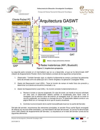 Proyectos de Investigación y Desarrollo Tecnológico 2005
FGCSUBIN-20 REV.00
Subsecretaría de Educación e Investigación Tecnológicas
Consejo del Sistema Nacional de Educación Tecnológica
13
Navegador (IPE, Netscape )Navegador (PIE)
GAP
Cliente Pocket PC
Redes Inalámbricas (WiFi, Bluetooth)
¿Conexión?
¿Caché?
T caché
Sí
No
No
Error
Sí
recurso
Analizador
HTTP
GAT
W
Internet
Squid
¿
¿Transcodificada?
?
Transcodificador
¿Actual?
Acaparador
T
Caché
Sincronizador
caché servidor
Sincronizador
caché local
Sí
Sí
No
No
Patrón
G
D
L
GAL
MT
MA
Observador
Gestor de
Desconexión
Módulos a integrar pertenecientes a Moviware
Petición Respuesta
Recurso
Revisar
estado
de la
conexión
Fecha
Página
transcodificada
Arquitectura GASWT
Descomprime
Comprime
Envió de nuevos patrones,
actualización de patrones existentes
Navegador (IPE, Netscape )Navegador (PIE)
GAP
Cliente Pocket PC
Redes Inalámbricas (WiFi, Bluetooth)
¿Conexión?
¿Caché?
T caché
Sí
No
No
Error
Sí
recurso
Analizador
HTTP
GAT
W
Internet
Squid
¿
¿Transcodificada?
?
Transcodificador
¿Actual?
Acaparador
T
Caché
Sincronizador
caché servidor
Sincronizador
caché local
Sí
Sí
No
No
Patrón
G
D
L
GAL
MT
MA
Observador
Gestor de
Desconexión
Módulos a integrar pertenecientes a Moviware
Navegador (IPE, Netscape )Navegador (PIE)
GAP
Cliente Pocket PC
Redes Inalámbricas (WiFi, Bluetooth)
¿Conexión?
¿Caché?
T caché
Sí
No
No
Error
Sí
recurso
Analizador
HTTP
GAT
W
Internet
Squid
¿
¿Transcodificada?
?
Transcodificador
¿Actual?
Acaparador
T
Caché
Sincronizador
caché servidor
Sincronizador
caché local
Sí
Sí
No
No
Patrón
G
D
L
GAL
MT
MA
Observador
Gestor de
Desconexión
Módulos a integrar pertenecientes a Moviware
Petición Respuesta
Recurso
Revisar
estado
de la
conexión
Fecha
Página
transcodificada
Arquitectura GASWT
Descomprime
Comprime
Envió de nuevos patrones,
actualización de patrones existentes
Navegador (IPE, Netscape )Navegador (PIE)
GAP
Cliente Pocket PC
Redes Inalámbricas (WiFi, Bluetooth)
¿Conexión?
¿Caché?
T caché
Sí
No
No
Error
Sí
recurso
Analizador
HTTP
GAT
W
Internet
Squid
¿
¿Transcodificada?
?
Transcodificador
¿Actual?
Acaparador
T
Caché
Sincronizador
caché servidor
Sincronizador
caché local
Sí
Sí
No
No
Patrón
G
D
L
GAL
MT
MA
Observador
Gestor de
Desconexión
Módulos a integrar pertenecientes a Moviware
Navegador (IPE, Netscape )Navegador (PIE)
GAP
Cliente Pocket PC
Redes Inalámbricas (WiFi, Bluetooth)
¿Conexión?
¿Caché?
T caché
Sí
No
No
Error
Sí
recurso
Analizador
HTTP
GAT
W
Internet
Squid
¿
¿Transcodificada?
?
Transcodificador
¿Actual?
Acaparador
T
Caché
Sincronizador
caché servidor
Sincronizador
caché local
Sí
Sí
No
No
Patrón
G
D
L
GAL
MT
MA
Observador
Gestor de
Desconexión
Módulos a integrar pertenecientes a Moviware
Petición Respuesta
Recurso
Revisar
estado
de la
conexión
Fecha
Página
transcodificada
Arquitectura GASWT
Descomprime
Comprime
Envió de nuevos patrones,
actualización de patrones existentes
Navegador (IPE, Netscape )Navegador (PIE)
GAP
Cliente Pocket PC
Redes Inalámbricas (WiFi, Bluetooth)
¿Conexión?
¿Caché?
T caché
Sí
No
No
Error
Sí
recurso
Analizador
HTTP
GAT
W
Internet
Squid
¿
¿Transcodificada?
?
Transcodificador
¿Actual?
Acaparador
T
Caché
Sincronizador
caché servidor
Sincronizador
caché local
Sí
Sí
No
No
Patrón
G
D
L
GAL
MT
MA
Observador
Gestor de
Desconexión
Módulos a integrar pertenecientes a Moviware
Navegador (IPE, Netscape )Navegador (PIE)
GAP
Cliente Pocket PC
Redes Inalámbricas (WiFi, Bluetooth)
¿Conexión?
¿Caché?
T caché
Sí
No
No
Error
Sí
recurso
Analizador
HTTP
GAT
W
Internet
Squid
¿
¿Transcodificada?
?
Transcodificador
¿Actual?
Acaparador
T
Caché
Sincronizador
caché servidor
Sincronizador
caché local
Sí
Sí
No
No
Patrón
G
D
L
GAL
MT
MA
Observador
Gestor de
Desconexión
Módulos a integrar pertenecientes a Moviware
Petición Respuesta
Recurso
Revisar
estado
de la
conexión
Fecha
Página
transcodificada
Arquitectura GASWT
Descomprime
Comprime
Envió de nuevos patrones,
actualización de patrones existentes
Figura 3. Arquitectura propuesta.
La segunda parte consiste en el intermediario que se va a desarrollar, al que se ha denominado GAP
(Gestor de Acaparamiento Pocket). Dicho intermediario constará de los siguientes componentes:
1. Observador.- También llamado vigía, su objetivo fundamental es revisar y procesar las peticiones
tanto de entrada como de salida que van o vienen dirigidas a la aplicación (navegador Web).
2. Gestor de Desconexión Local (GDL).- Tiene la función de revisar el medio físico de conexión y
determinar si el cliente se encuentra conectado o no.
3. Gestor de Acaparamiento Local (GAL).- Su función consiste fundamentalmente en :
a. Revisar si existe un recurso acaparado. En caso de existir, se manda el recurso solicitado
(en este caso el Observador deberá cambiar el encabezado para hacer creer al
navegador que la solicitud viene del exterior) al navegador local. En caso de no existir el
recurso acaparado, se mandará un mensaje de error. El observador deberá construir una
página Web con un mensaje de error que el usuario visualizará.
b. Controlar la sincronización de la caché transcodificada local con la caché del Servidor.
Del lado del servidor, encontramos dos elementos principales: el servidor Proxy caché Squid, encargado
de obtener los recursos Web solicitados; y el intermediario del lado del servidor, al cual se ha denominado
como GAS (Gestor de Acaparamiento del Servidor). La arquitectura en el lado del servidor consta de los
siguientes elementos:
 