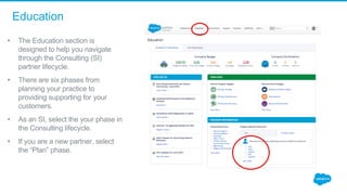 Education
• The Education section is 
designed to help you navigate 
through the Consulting (SI) 
partner lifecycle. 
• There are six phases from 
planning your practice to 
providing supporting for your 
customers. 
• As an SI, select the your phase in 
the Consulting lifecycle.
• If you are a new partner, select 
the “Plan” phase. 
 