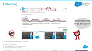 Publishing
Use the AppExchange Publishing Console to: 
1. manage your listing
2. edit the company info on your listing
3. access analytics for your listing
Note: This is available in the Partner Community through the “Publishing” tab. To learn best practices for managing your listing (and see a live demo), go to http://p.force.com/applisting.
You must have the “Manage
Listings” permission to see
this link. Talk to your admin
if you need access.
1 2 3
 