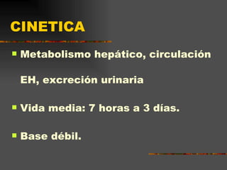 CINETICA Metabolismo hepático, circulación EH, excreción urinaria Vida media: 7 horas a 3 días.  Base débil. 