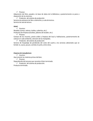  Proceso:
Adquisición del libro, pasado a la base de datos de la biblioteca y posteriormente se pone a
disposición de los alumnos.
 Productos del sistema de producción:
Servicio de préstamo de libro a domicilio y a sala de lectura.
Servicio de sala de lectura.
Hotel:
 Insumos:
Muebles (camas, veleros, toallas, cubiertos, etc.)
Productos de limpieza (escobas, jabones de tocador, etc.)
 Proceso:
Compra de los insumos, previo orden y limpieza del local y habitaciones, posteriormente de
colocan en cada ambiente, atención de los huéspedes.
 Productos del sistema de producción:
Servicio de hospedaje de pendiendo del costo del cuarto y los servicios adicionales que se
brinde: tv, sauna, jacuzzi, comida al cuarto, entre otros.

Empresa de manufactura:
 Insumos:
Aquí estarán las materias primas del bien.
 Proceso:
Dependiendo del proceso que necesite el bien terminado.
 Productos del sistema de producción:
Producto terminado.

 