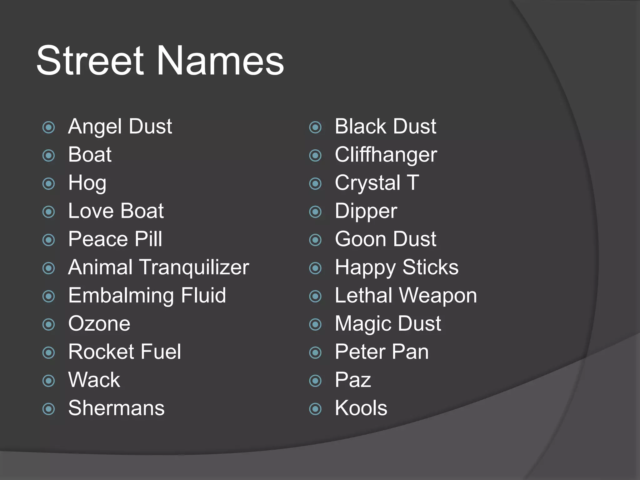 Street Names 
 Angel Dust 
 Boat 
 Hog 
 Love Boat 
 Peace Pill 
 Animal Tranquilizer 
 Embalming Fluid 
 Ozone 
 Rocket Fuel 
 Wack 
 Shermans 
 Black Dust 
 Cliffhanger 
 Crystal T 
 Dipper 
 Goon Dust 
 Happy Sticks 
 Lethal Weapon 
 Magic Dust 
 Peter Pan 
 Paz 
 Kools 
 