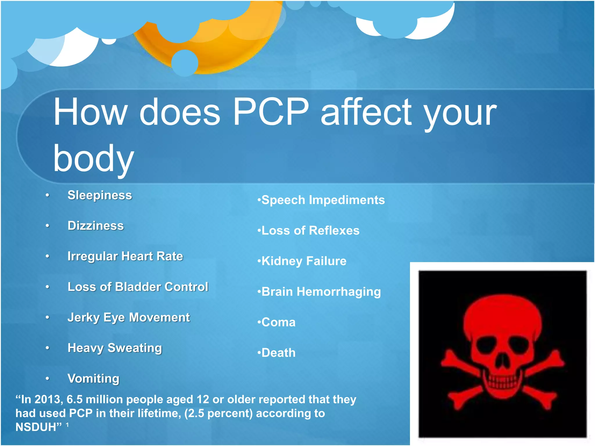 How does PCP affect your
body
• Sleepiness
• Dizziness
• Irregular Heart Rate
• Loss of Bladder Control
• Jerky Eye Movement
• Heavy Sweating
• Vomiting
•Speech Impediments
•Loss of Reflexes
•Kidney Failure
•Brain Hemorrhaging
•Coma
•Death
“In 2013, 6.5 million people aged 12 or older reported that they
had used PCP in their lifetime, (2.5 percent) according to
NSDUH” ¹
 
