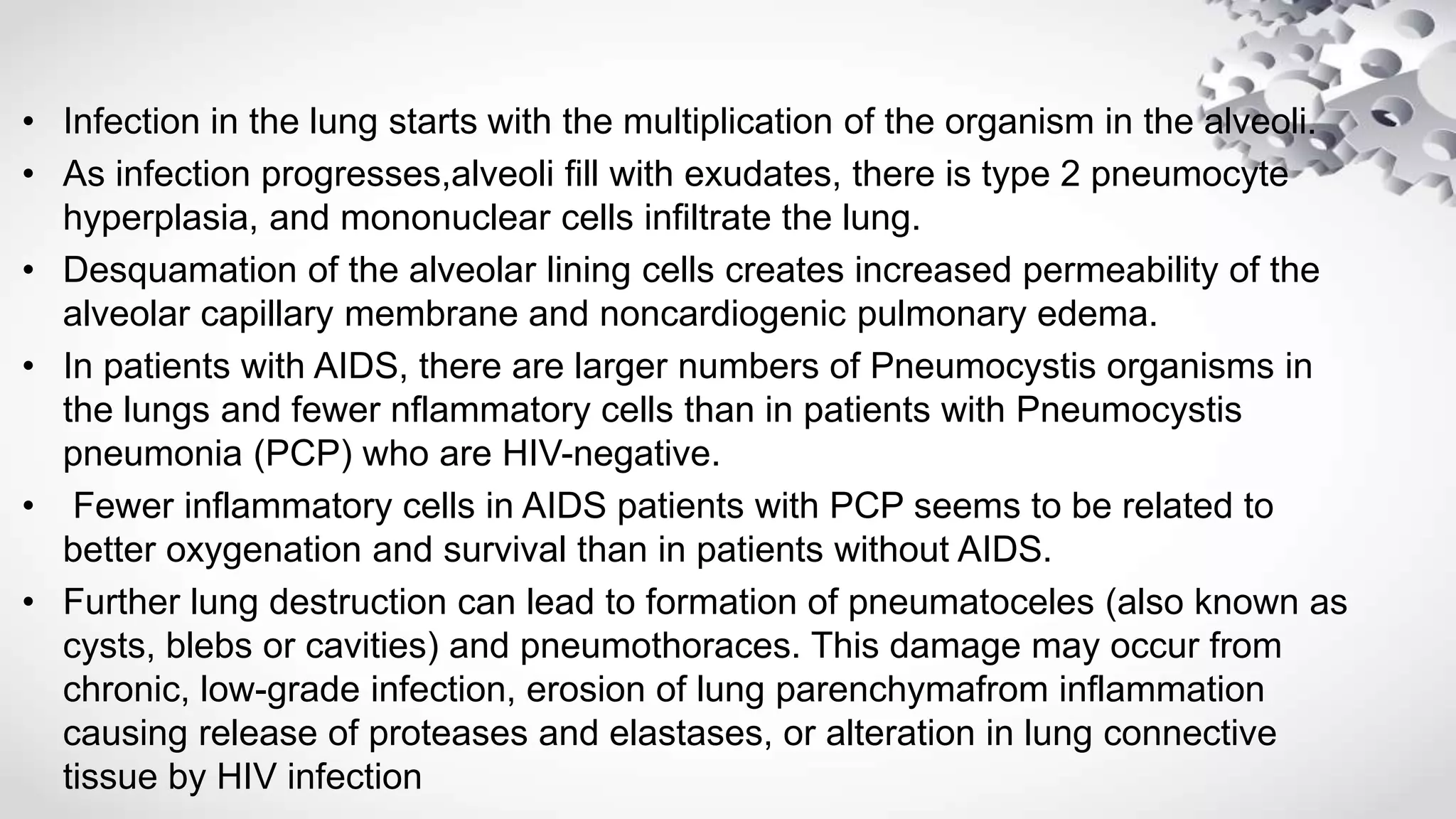 • Infection in the lung starts with the multiplication of the organism in the alveoli.
• As infection progresses,alveoli fill with exudates, there is type 2 pneumocyte
hyperplasia, and mononuclear cells infiltrate the lung.
• Desquamation of the alveolar lining cells creates increased permeability of the
alveolar capillary membrane and noncardiogenic pulmonary edema.
• In patients with AIDS, there are larger numbers of Pneumocystis organisms in
the lungs and fewer nflammatory cells than in patients with Pneumocystis
pneumonia (PCP) who are HIV-negative.
• Fewer inflammatory cells in AIDS patients with PCP seems to be related to
better oxygenation and survival than in patients without AIDS.
• Further lung destruction can lead to formation of pneumatoceles (also known as
cysts, blebs or cavities) and pneumothoraces. This damage may occur from
chronic, low-grade infection, erosion of lung parenchymafrom inflammation
causing release of proteases and elastases, or alteration in lung connective
tissue by HIV infection
 