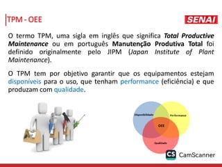 O termo TPM, uma sigla em inglês que significa Total Productive
Maintenance ou em português Manutenção Produtiva Total foi
definido originalmente pelo JIPM (Japan Institute of Plant
Maintenance).
O TPM tem por objetivo garantir que os equipamentos estejam
disponíveis para o uso, que tenham performance (eficiência) e que
produzam com qualidade.
TPM - OEE
 