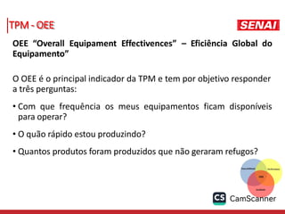 TPM - OEE
OEE “Overall Equipament Effectivences” – Eficiência Global do
Equipamento”
O OEE é o principal indicador da TPM e tem por objetivo responder
a três perguntas:
• Com que frequência os meus equipamentos ficam disponíveis
para operar?
• O quão rápido estou produzindo?
• Quantos produtos foram produzidos que não geraram refugos?
 